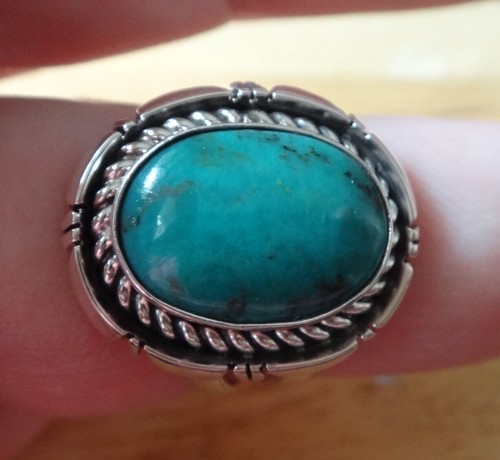 Anillo de banda ancha azul navajo verde turquesa 4 mm plata esterlina 17x20 mm talla 8 - Imagen 4 de 6