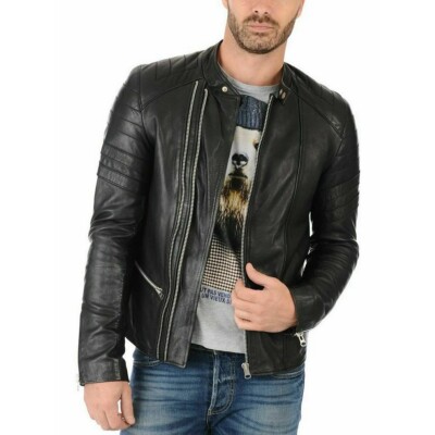 Neu Modisch Herren Schwarz Lederjacke Pure Weiches Lammleder Motorradjacke