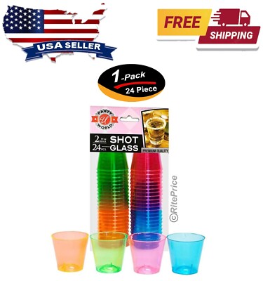 24 PCS Neon Shot Glasses 2oz Plastic Bright Party Cups Wine Liquor Bar Catering