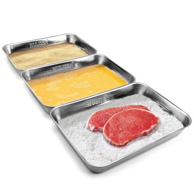 HULISEN Breading Trays Set of 3 Large Stainless Steel Breading Pans for Dredg...