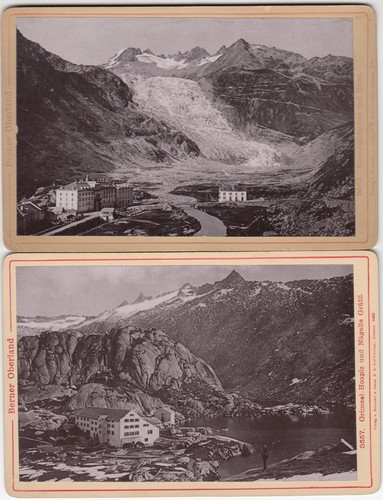 2 fotos antiguas de gabinete BERNER OBERLAND Grimsel hospicio, hielo de uñas Grätli, hotel (C 62 - Imagen 1 de 1