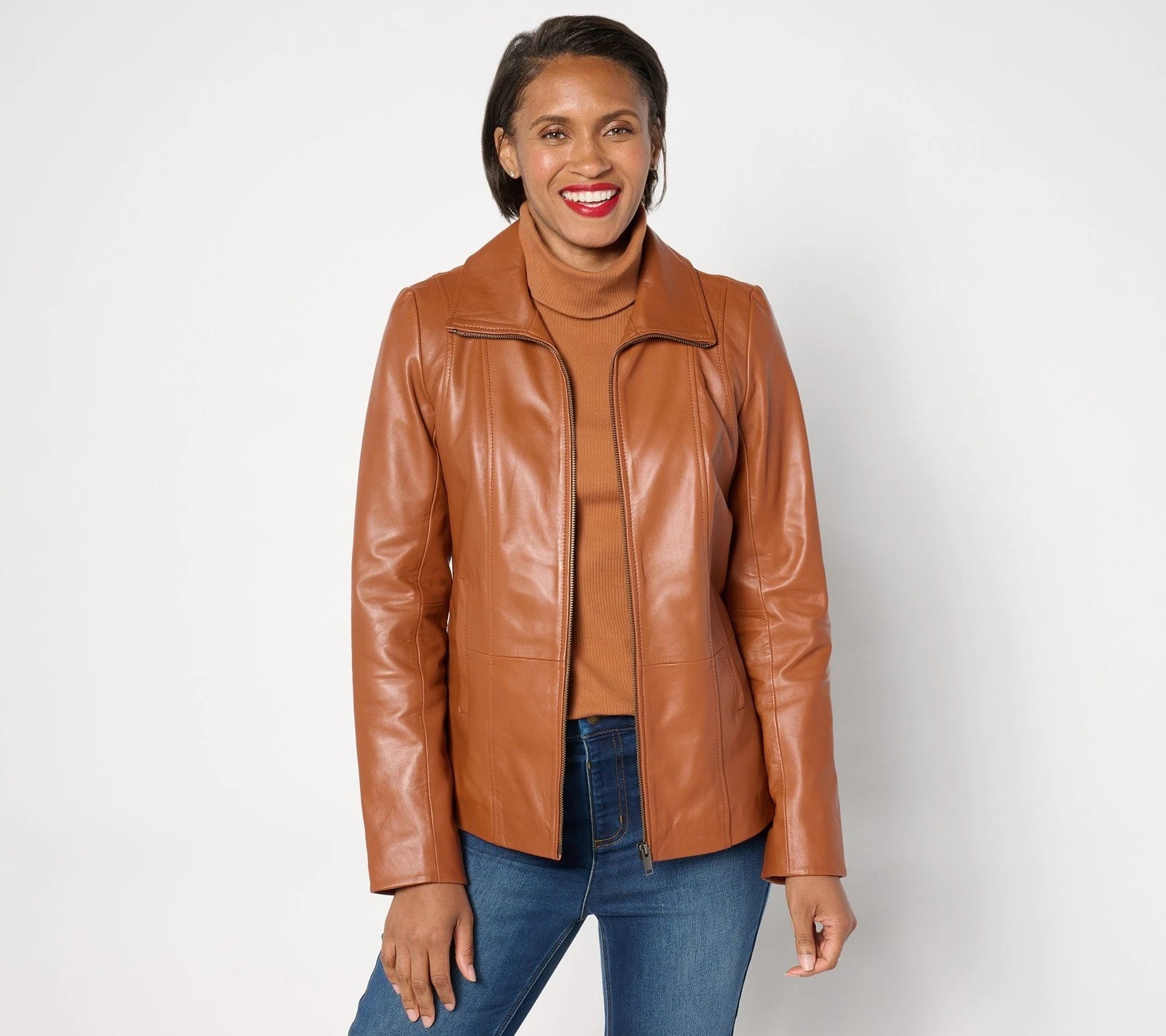 Denim & Co. Women's Jacket Sz M Lamb Leather Zip Front Seamed Brown A655647