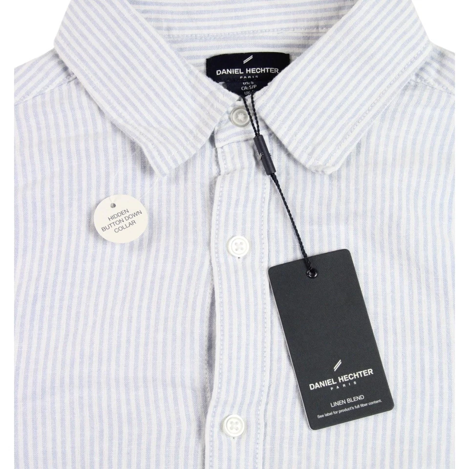 Daniel Hechter Shirt Mens S Blue White Stripe Linen Blend Hidden Button-Down $88 - Image 3 of 4