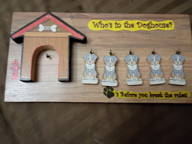 Who's in the Doghouse?" wooden behavior plaque