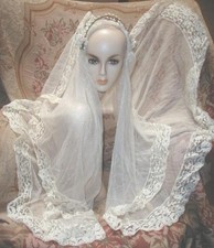 Antique 1930's 20's Wedding Veil, Net w Lace  Wax Orange Blossom Crown Art Deco