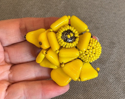 Vintage Miriam Haskell Bright Yellow Glass Beaded wired Brooch 1950's