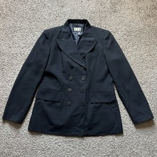Vintage DKNY Blazer Womens 12 Blue Black 4-Button Pure Wool Double Breasted 90s