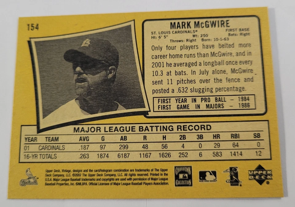 2002 Upper Deck Vintage #154 Mark McGwire St. Louis Cardinals - Image 2 of 2