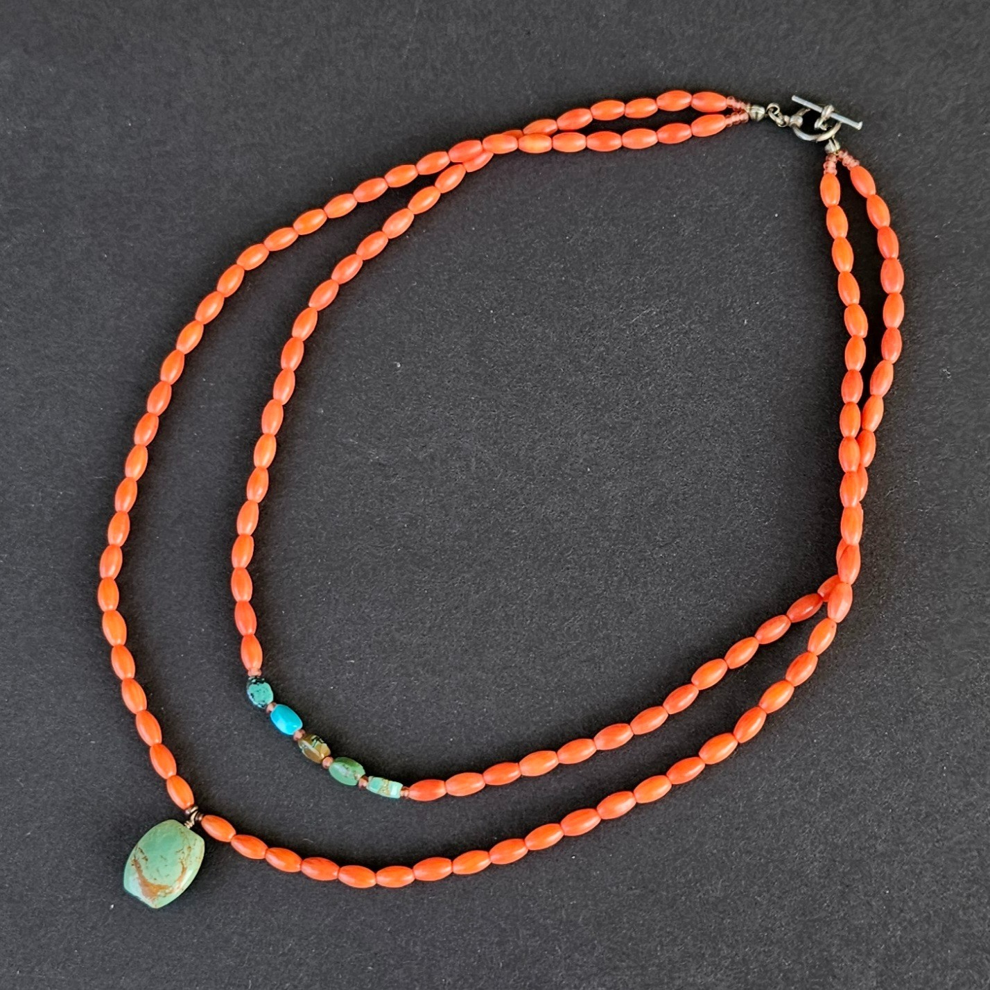 Vintage Natural Undyed Red Coral & Turquoise Bead Necklace Sterling Silver Clasp