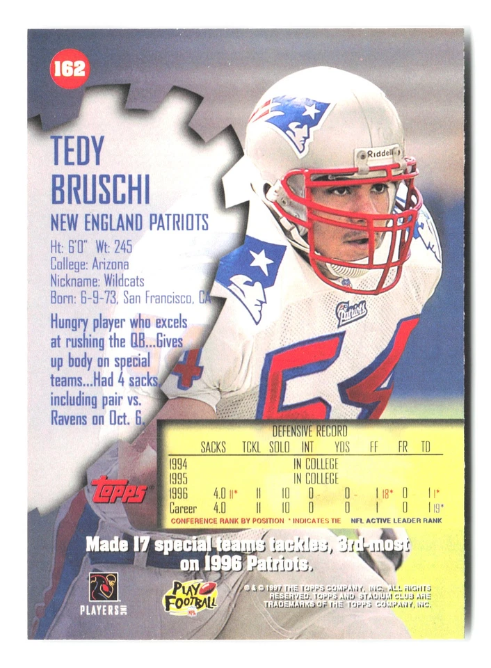 1997 Stadium Club #162 Tedy Bruschi - Image 2 of 2