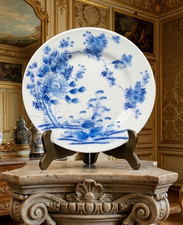 Antique Japanese Hirado Blue and White Porcelain Bird Peony Plate 18.5cm Meiji