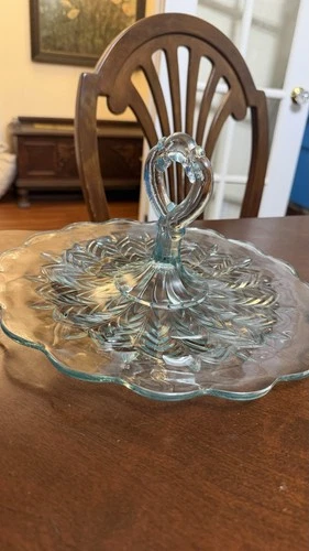 Jeannette Glass Light Blue Feather Handle Tidbit Sandwich Plate Tea Tray Vtg