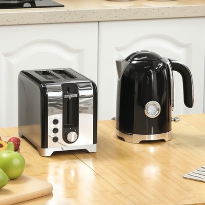 1,7L 3000W Schnellkoch Wasserkocher und 2 Scheiben Toaster Set mit Kalkfilter, Schwarz