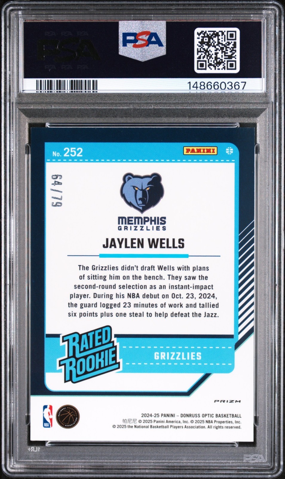 2024  Optic Jaylen Wells PINK VELOCITY RATED ROOKIE CARD #/79 Grizzlies PSA 10💎 view 2