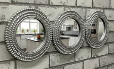 Set Of 3 Silver Moroccan Style Art Deco Metallic Round Plastic Wall Mirror 25 Cm