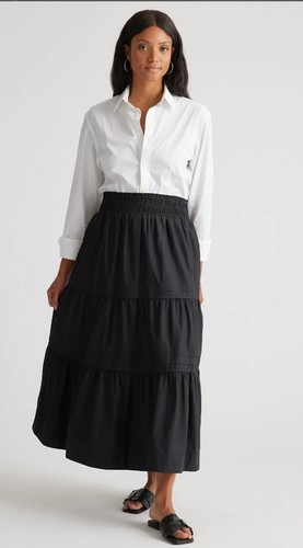 Quince Organic Cotton Black Tiered Maxi Skirt, Size Small