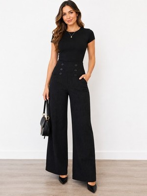 Max Studio Black Pinstripe Double Knit Sailor Pants Wide Leg Pull On Size Small 