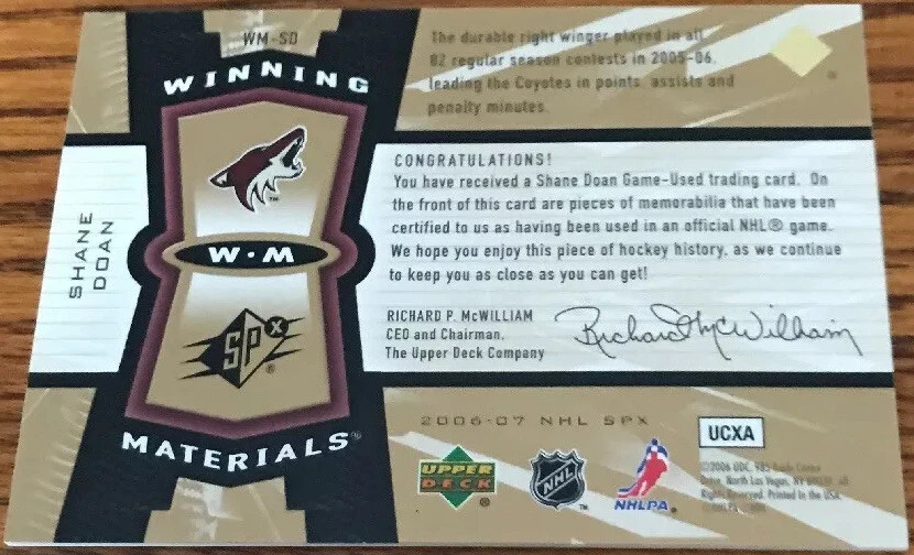 2006-07 UD SPx Winning Materials Shane Doan WM-SD Phoenix Coyotes - Image 2 of 2