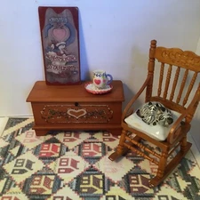 1:12 scale antique shop Dollhouse miniature items, rocker, trunk, heart tea pot.