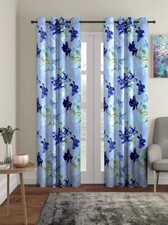 2 Pieces Blue 3D Flower Eyelet Polyester Window Curtains 5 7 9 Feet