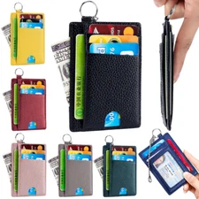 Mens Leather Slim Wallet Credit Card Holder RFID Blocking Front Pocket Keychain