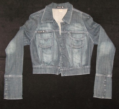 Frankie B Cropped Denim Jean Trucker Jacket Sz XS Blue Distressed