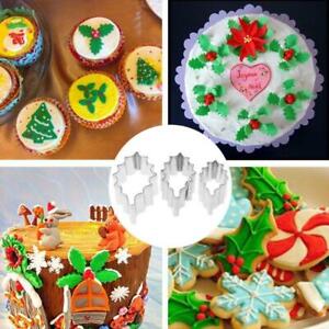 3Pcs/Set Holly Leaf Cookie Cutter Christmas Cake Biscuit Embossing Baking Mould