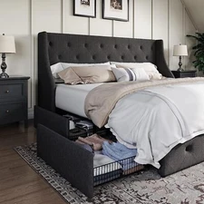 Upholstered Platform Bed Frame with 4 Storage Drawers &Headboard, Dark Grey