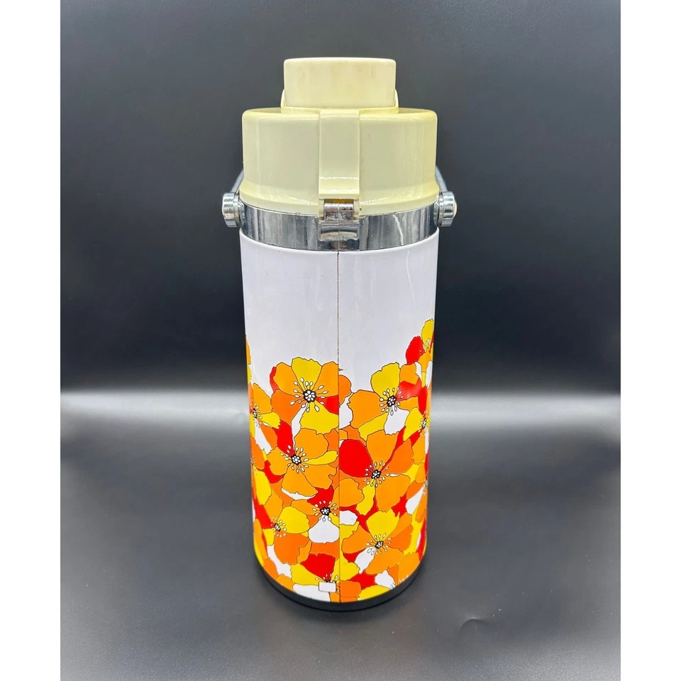 Dispensador de bebidas vintage cafetera aire maceta Flower Power naranja amarillo amapolas años 70 Foto 3 de 4