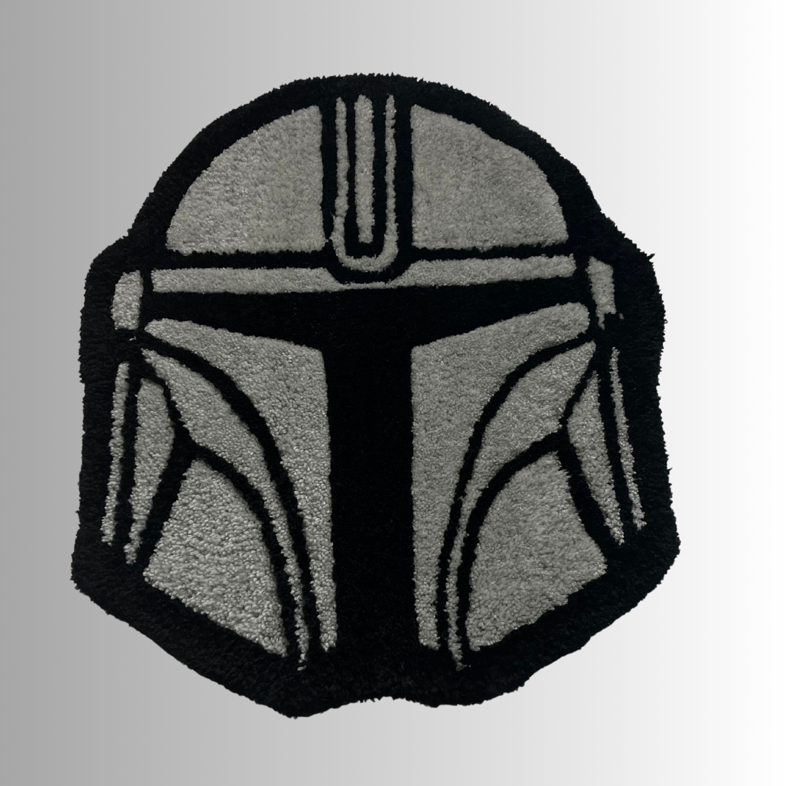 Tapis tufting Mandalorian fait main noir et gris 90x90cm pour geek