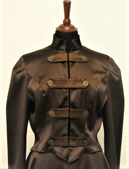 Braune Steampunk Jacke aus Satin viktorianischer Stil Metallknöpfe Messing S/M - Bild 2 von 4
