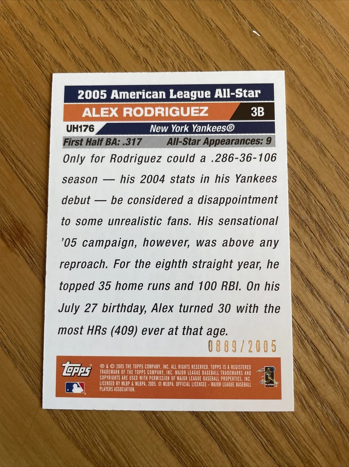 2005 Topps Update Gold ALEX RODRIGUEZ 889/2005 - Image 2 of 2