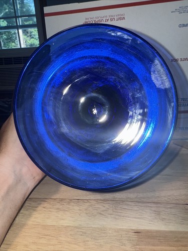 Art Glass Hand Blown Cobalt Blue with White swirls Decorative Bowl See Pics - Picture 5 of 8
