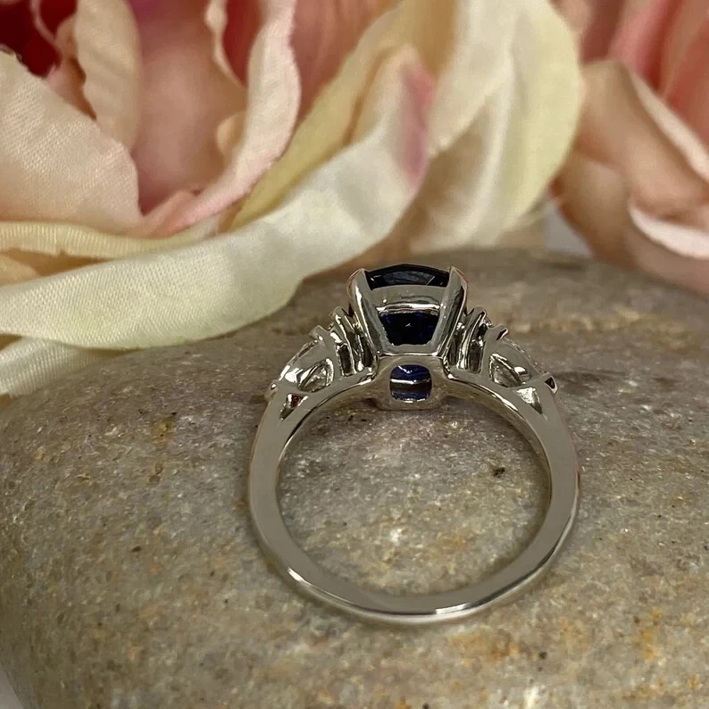 Anel de aniversário de diamante safira azul natural 4,50 quilates ouro branco 14K tamanho 6,5 - Imagem 3 de 4