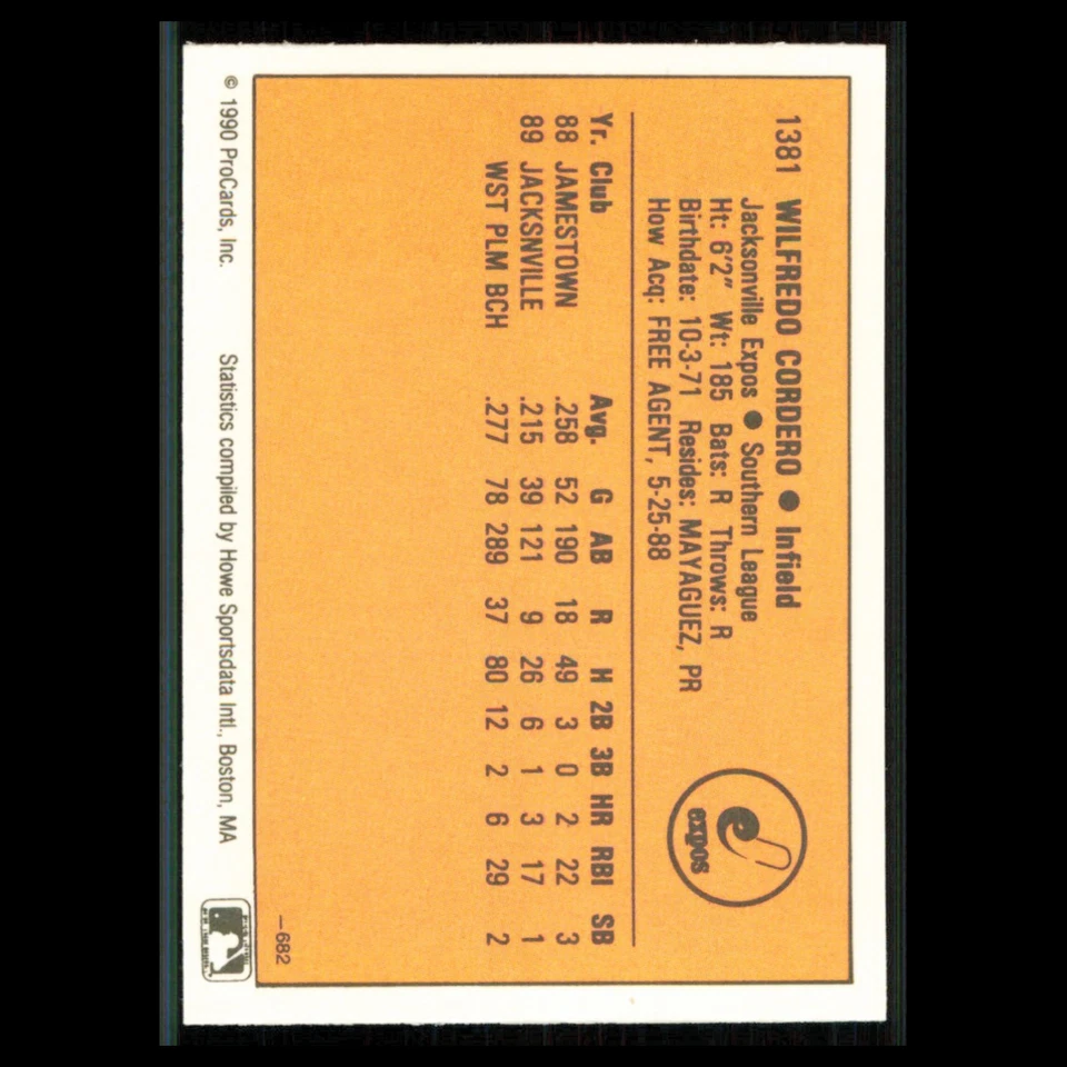 Wil Cordero #1381 1990 ProCards Jacksonville Expos Baseball Card MLB NM - Image 2 of 3