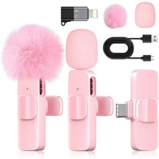 Pink Mini Wireless Microphone for iPhone Android, Lavalier Microphone with ...