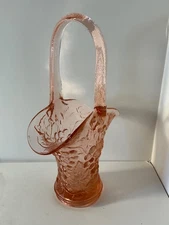 Pink Depression Glass Basket With Grape Pattern Imperial Glass Co 10” tall