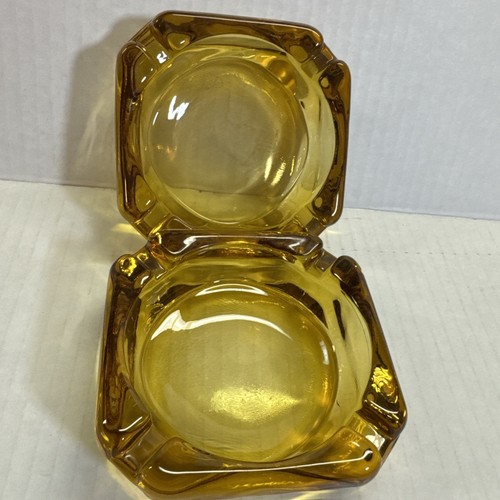 Pair of Vintage Mid-Century Thick Amber Glass Square Ashtray 3 3/4" Orange - Picture 3 of 5