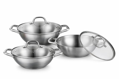6-tlg. Edelstahl Wok Set 26 cm 28 cm 32 cm - robuste tiefe Kochtöpfe mit Deckel
