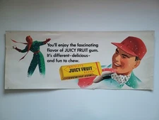 1940s JUICY FRUIT TROLLEY CARD 28x11 WRIGLEYS CHEWING GUM ADVERTISING SIGN LITHO