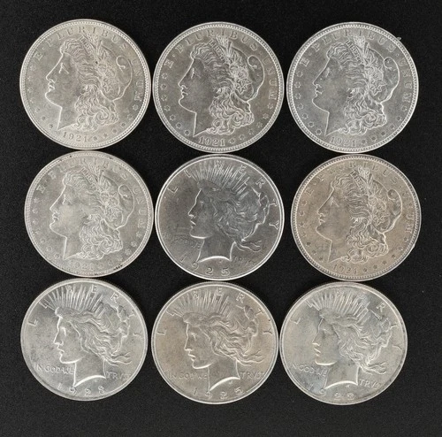 1921 Morgan & 1922–1925 Peace Silver Dollars Lot (9) BU Gems 90% Silver