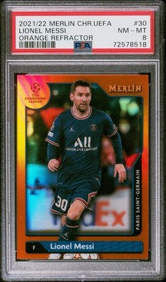 2021-22 Topps Merlin Chrome ORANGE REFRACTOR 16/25 - Lionel Messi #30 *PSA 8*