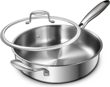12 Inch Tri-Ply Stainless Steel Frying Pan, 5-Quart Deep Saute Pan with lids