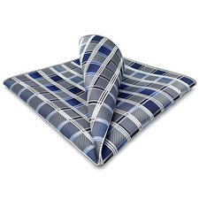 Men's Silk Pocket Square Checkered Blue Grey Hanky 12.6 inches Large