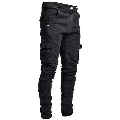 Men Street Elastic Denim Jeans Wash Solid Color Multi Pockets Cargo Pants Casual