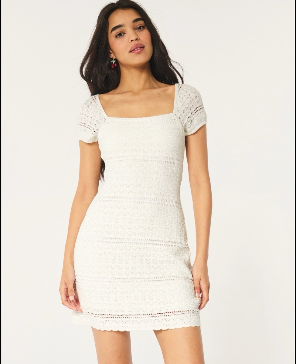 Hollister White Crochet Knit Midiback Twit Tie Small Cotton Dress W/ Liner  NWT | eBay