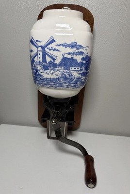 Vintage Dutch Delft Style Blue Wall Mount Coffee Grinder Windmill Ceramic No Cap