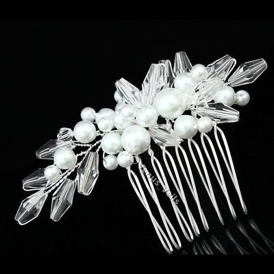 Bridal Crystal Beads Pearl Flower Bouquet Wedding Tiara Hair Comb FC044