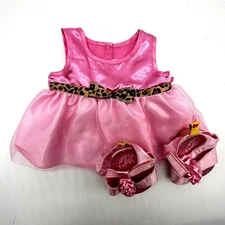 Build A Bear Pink Dress Leopard Cheetah Belt Bow Satin Tulle Shoes Teddy Clothes