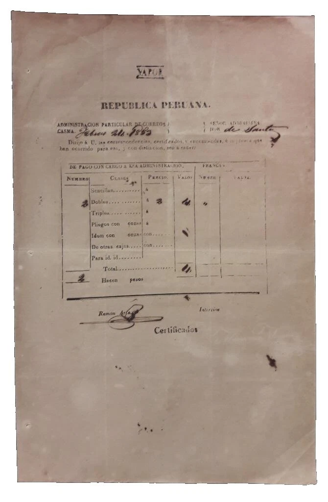 F/VF (Fine/Very Fine) Postal History Peruvian Stamps